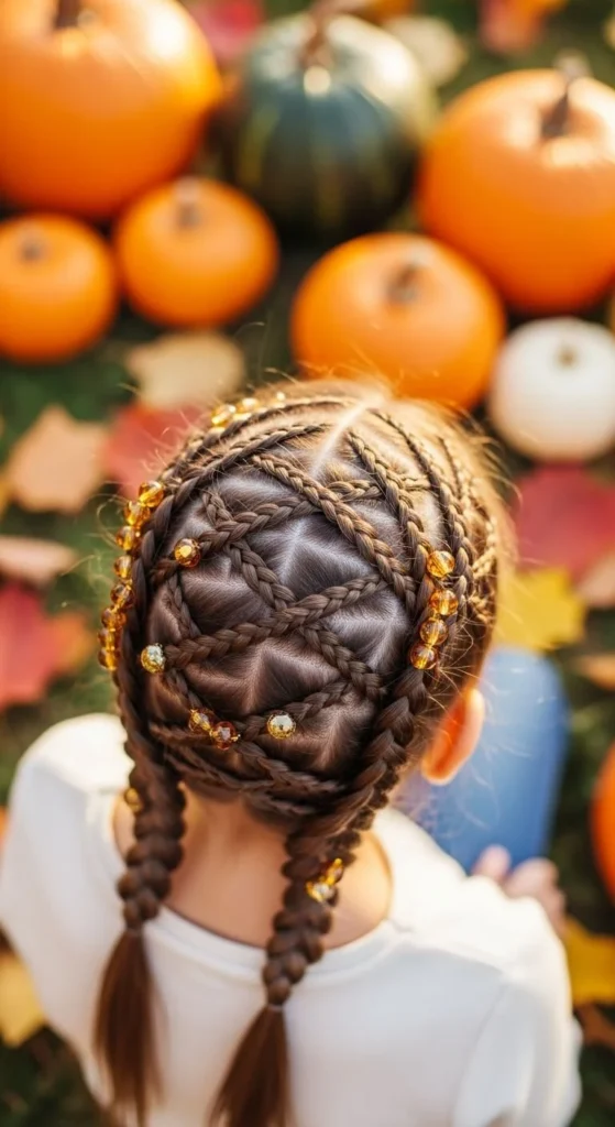 A close up of a childs hair styled in crisscross braids decorated with amber and gold beads sitting outdoors among pumpkins and leaves