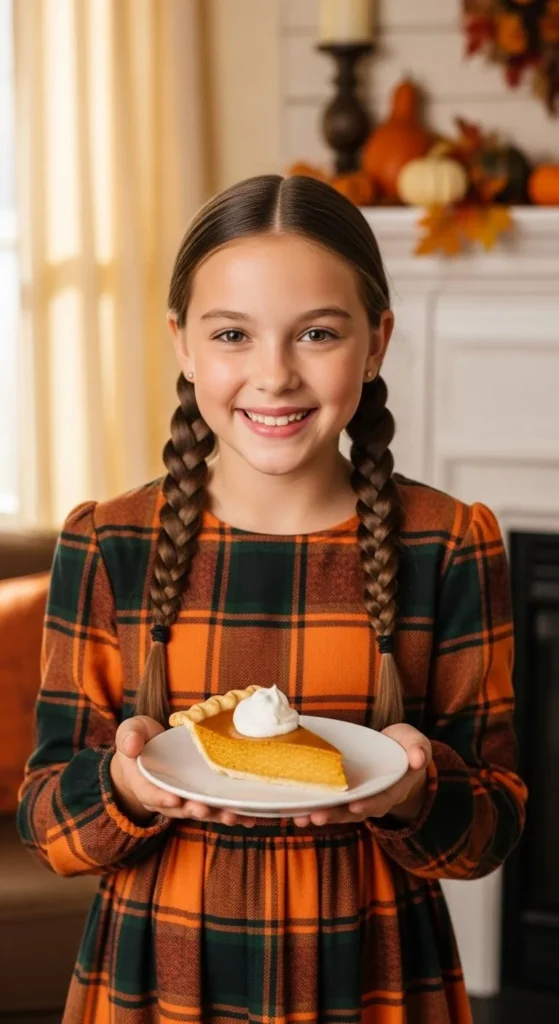 A smiling girl with two tight Dutch braids wearing a plaid Thanksgiving dress holding a slice of pumpkin pie