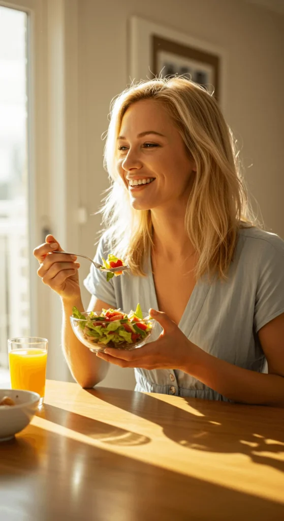A smiling woman with healthy shiny mid length hair enjoying a salad at a sunlit breakfast table