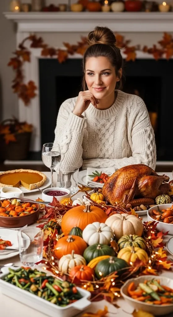 A woman with a knotted messy bun and cozy sweater surrounded by a Thanksgiving table setting with pumpkins and fairy lights