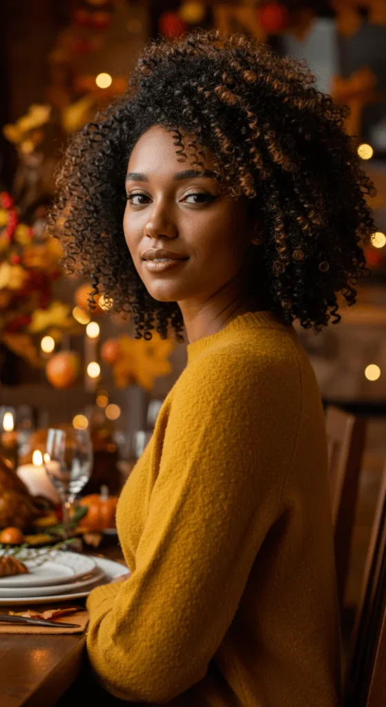 A woman with natural curly hair styled into a soft updo surrounded by warm lighting and Thanksgiving decor