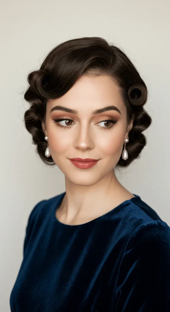 A woman with vintage inspired pinned curls on each side wearing pearl earrings and soft fall makeup