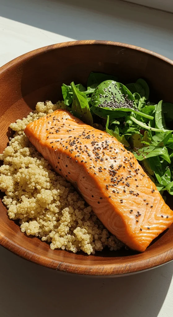 A wooden bowl filled with baked salmon quinoa and a side of green salad sprinkled with chia seeds