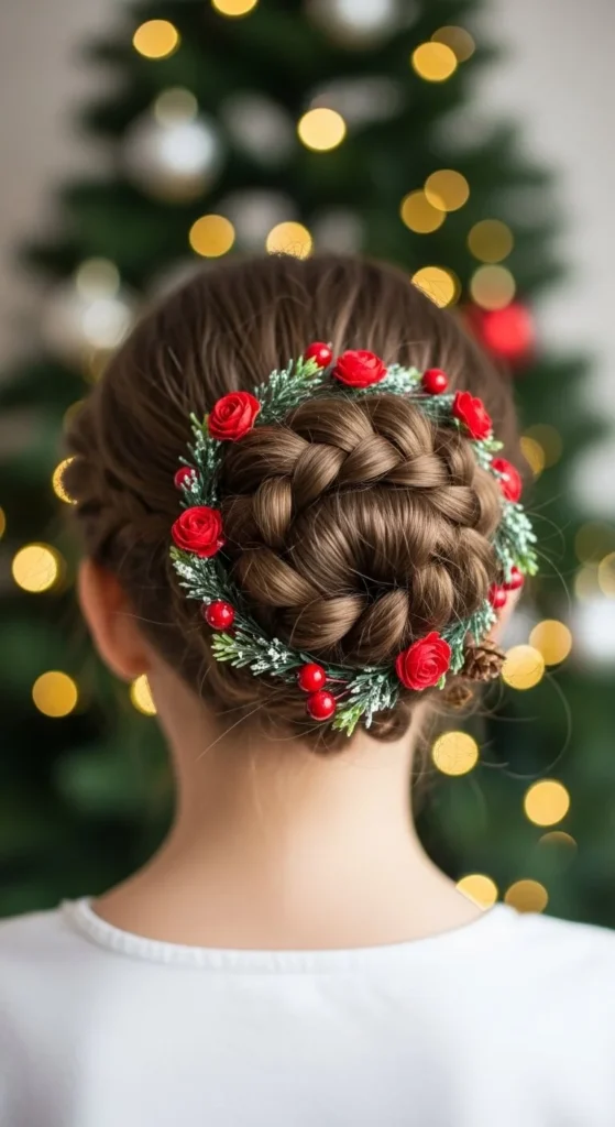 Braided Bun with Red Flowers