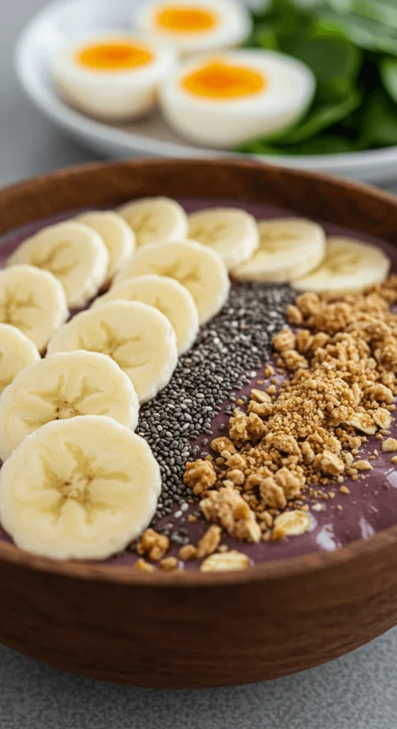 smoothie bowl topped with sliced banana chia seeds and a sprinkle of granola